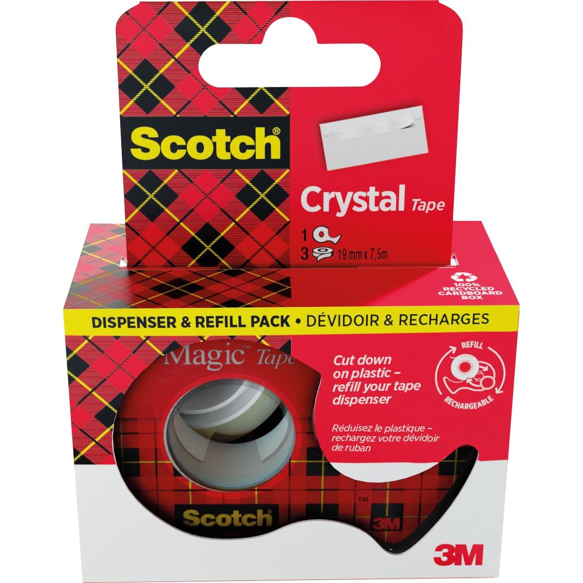 Scotch - Ruban adhésif Crystal e ft 19 mm x 7,5 m, dévidoir + 3 rouleaux, boîte à suspendre
