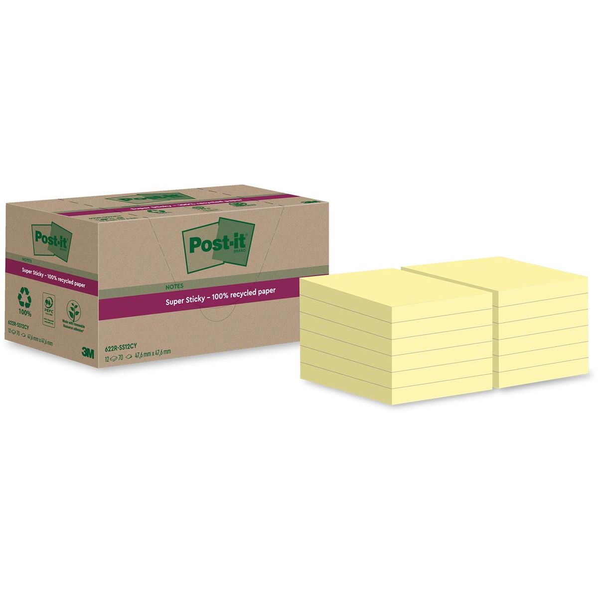 Post-it Super Sticky - Super Sticky Notes Recycled, 70 vel, ft 47,6 x 47,6 mm, geel, pak van 12 blokken