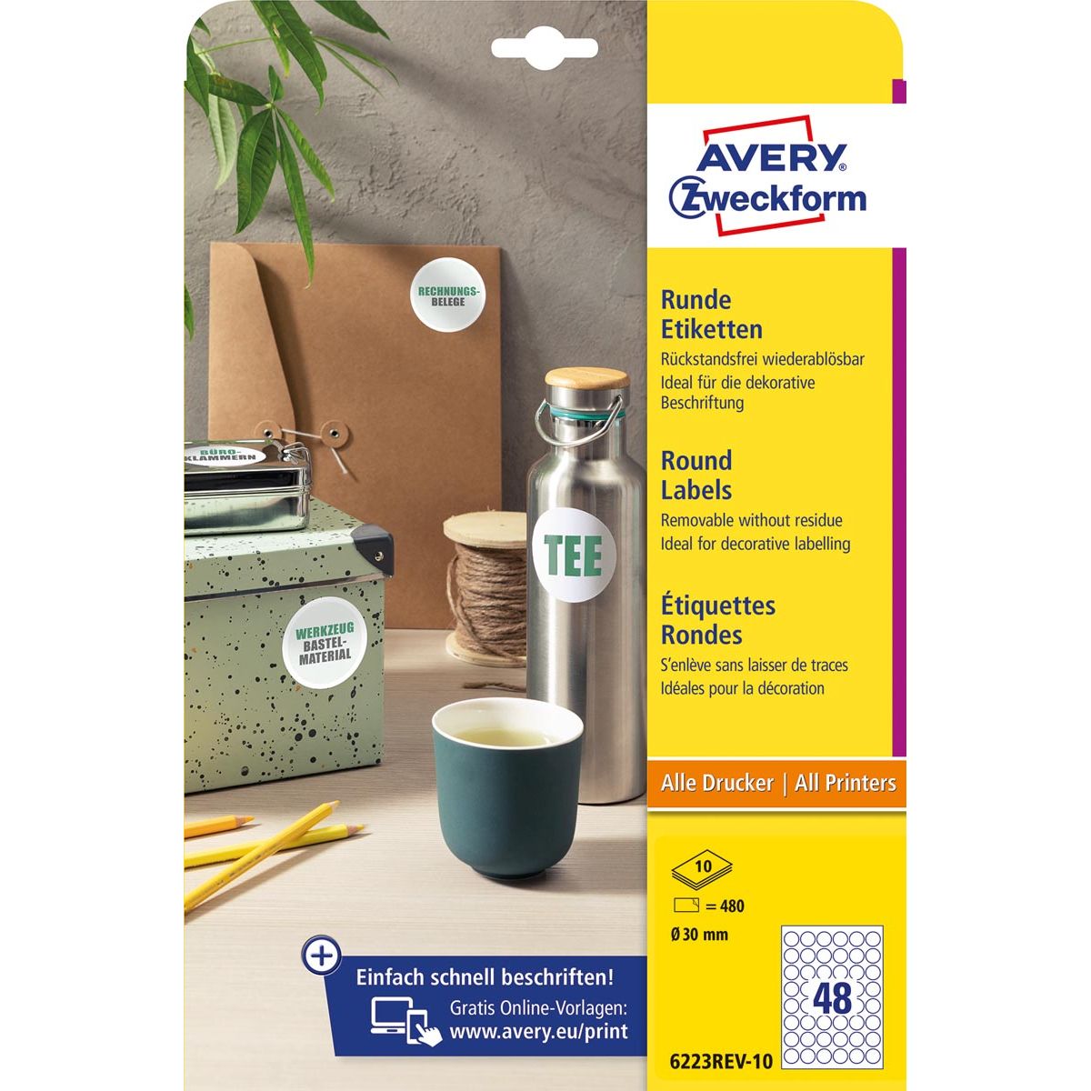 Avery Zweckform - Zweckform ronde etiketten, diameter 30 mm, wit, afneembaar, 480 etiketten, 10 vellen