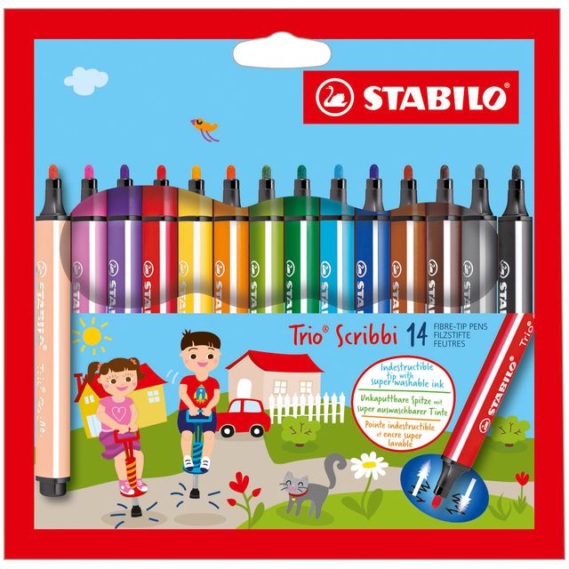 Stabilo - Trio Scribbi, ergonomische viltstift, onverwoestbaar door meeverende punt, etui met 14 kleuren
