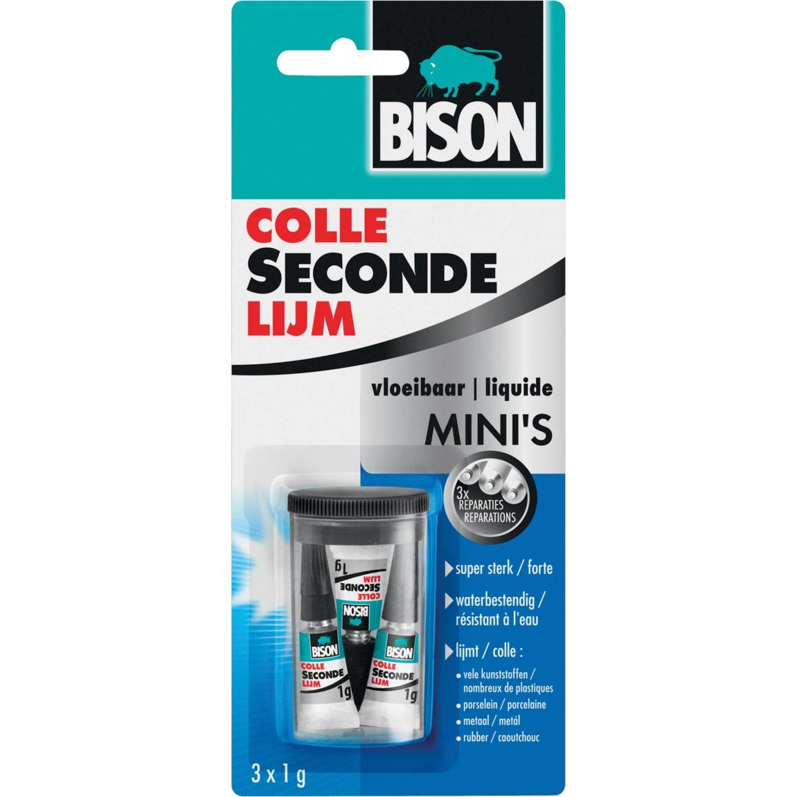 Bison - secondelijm Vloeibaar, 3 x tube van 1 g, op blister