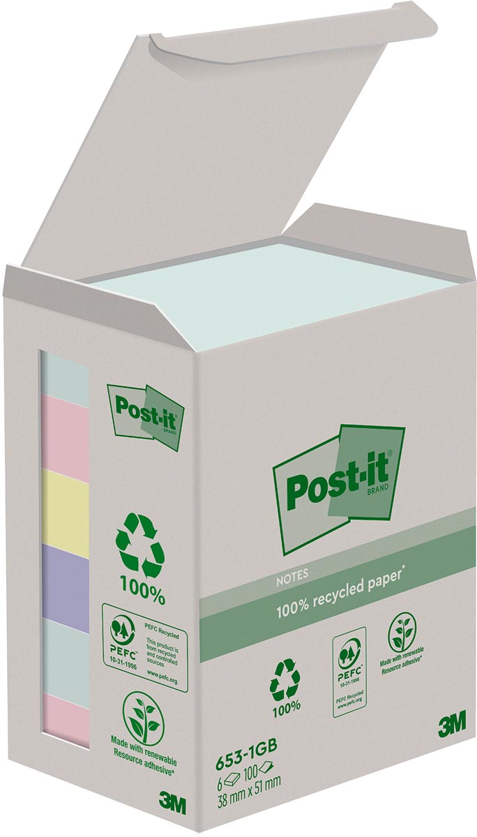 Post-it recycled notes - recycled notes Nature, 100 vel, ft 38 x 51 mm, pak van 6 blokken, geassorteerde kleuren