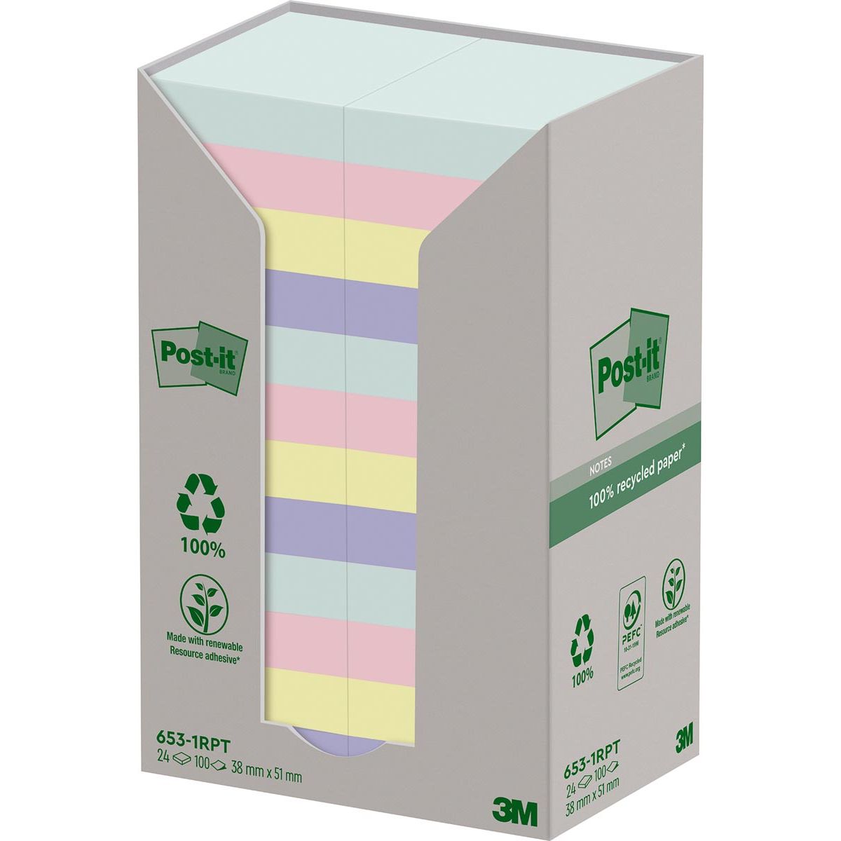 Post-it - Bloc-notes 653-RPT 38x51mm pastel arc-en-ciel 24 pièces