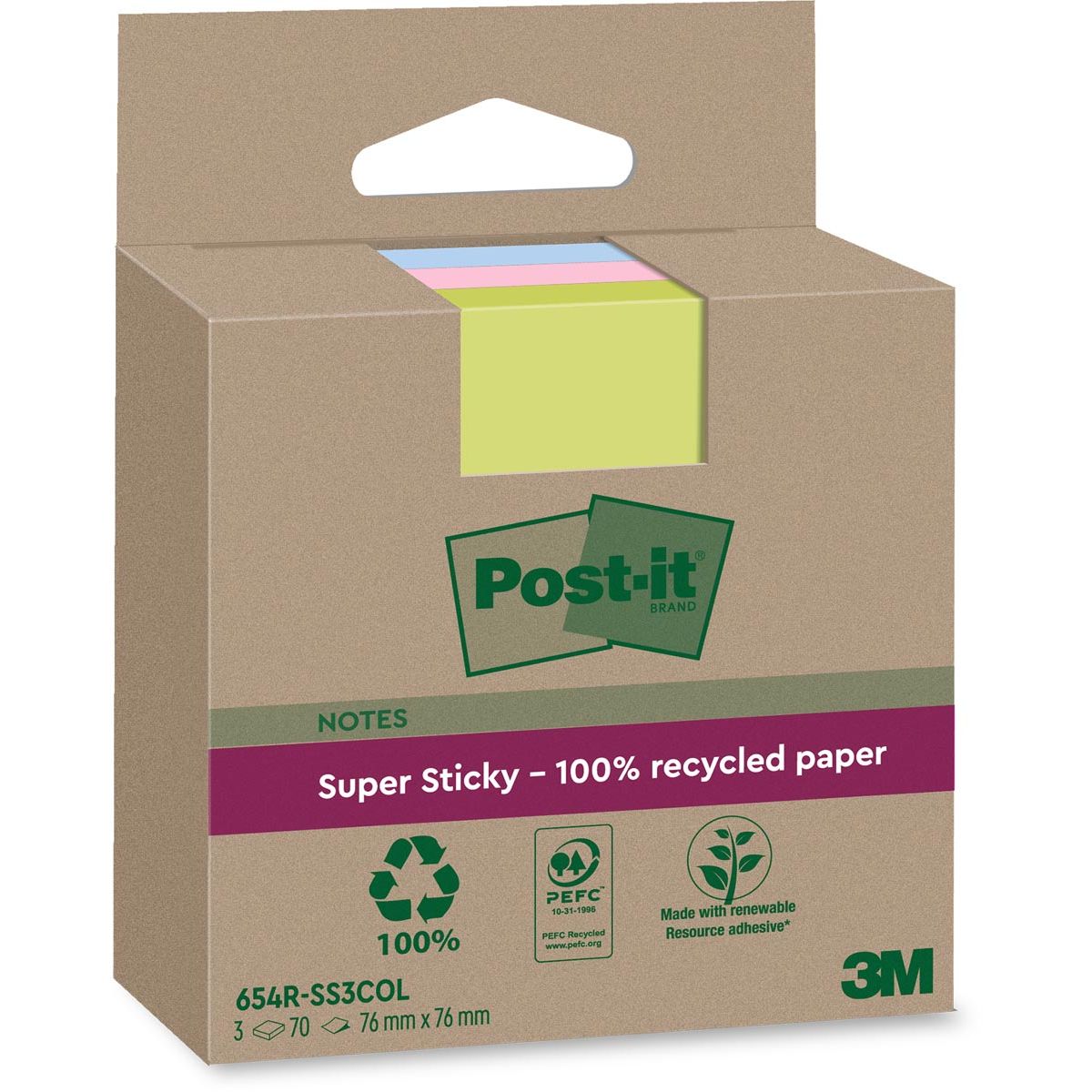 Post-it Super Sticky - Super Sticky Notes Recycled, 70 vel, ft 76 x 76 mm, assorti, pak van 3 blokken