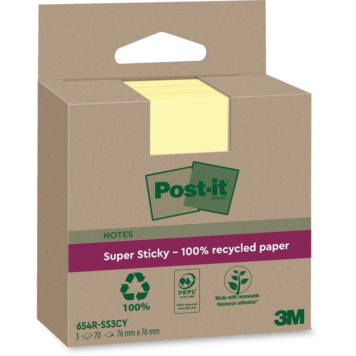 Post-it – Super Sticky Notes Recycling, 70 Blatt, 76 x 76 mm, gelb, Packung mit 3 Blöcken
