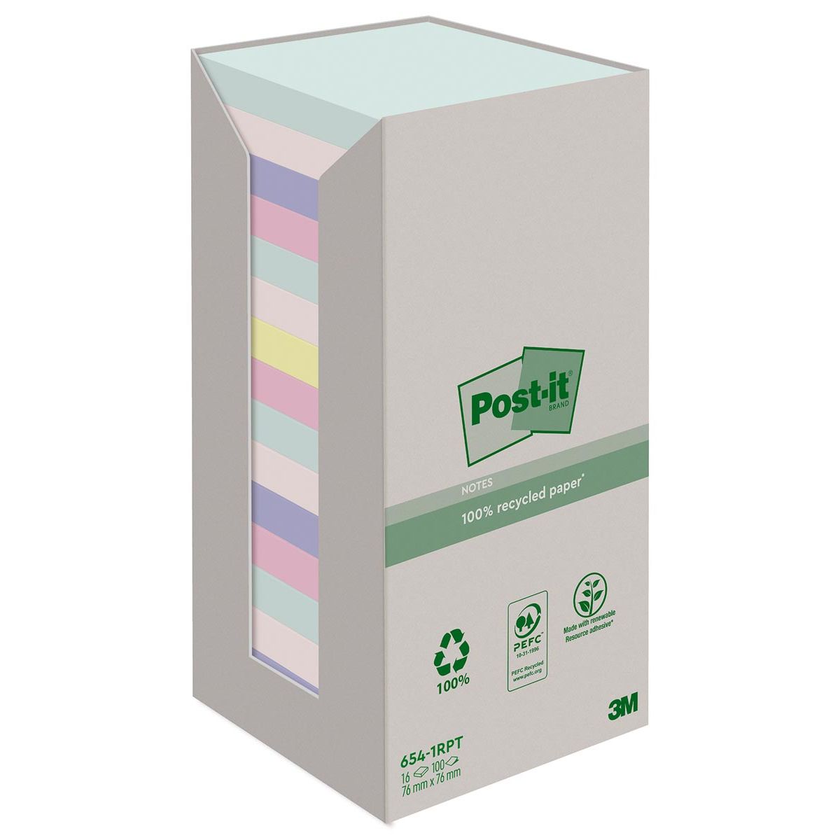 Post-it recycled notes - recycled notes Nature, 100 vel, ft 76 x 76 mm, pak van 16 blokken, geassorteerde kleuren