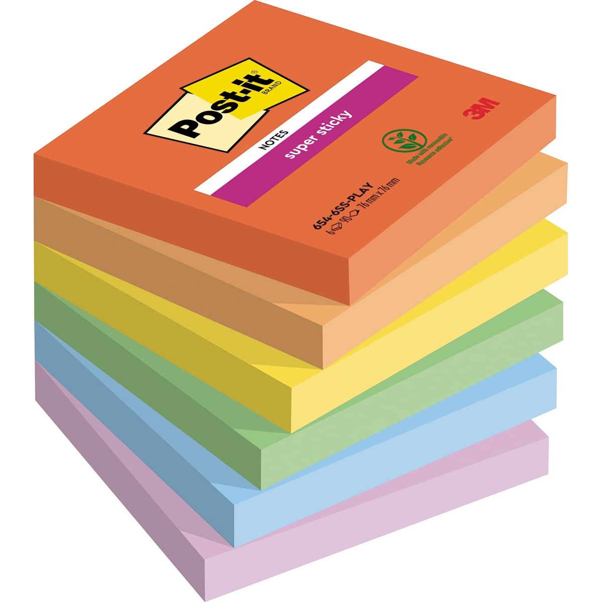 Post-it Super Sticky - Super Sticky Notes Playful, 90 vel, ft 76 x 76 mm, geassorteerde kleuren, pak van 6 blokken