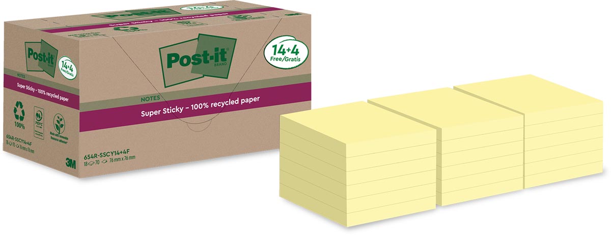 Post-it Super Sticky - Bloc-notes 654 RSS12CY 76x76mm jaune 14+4 offert