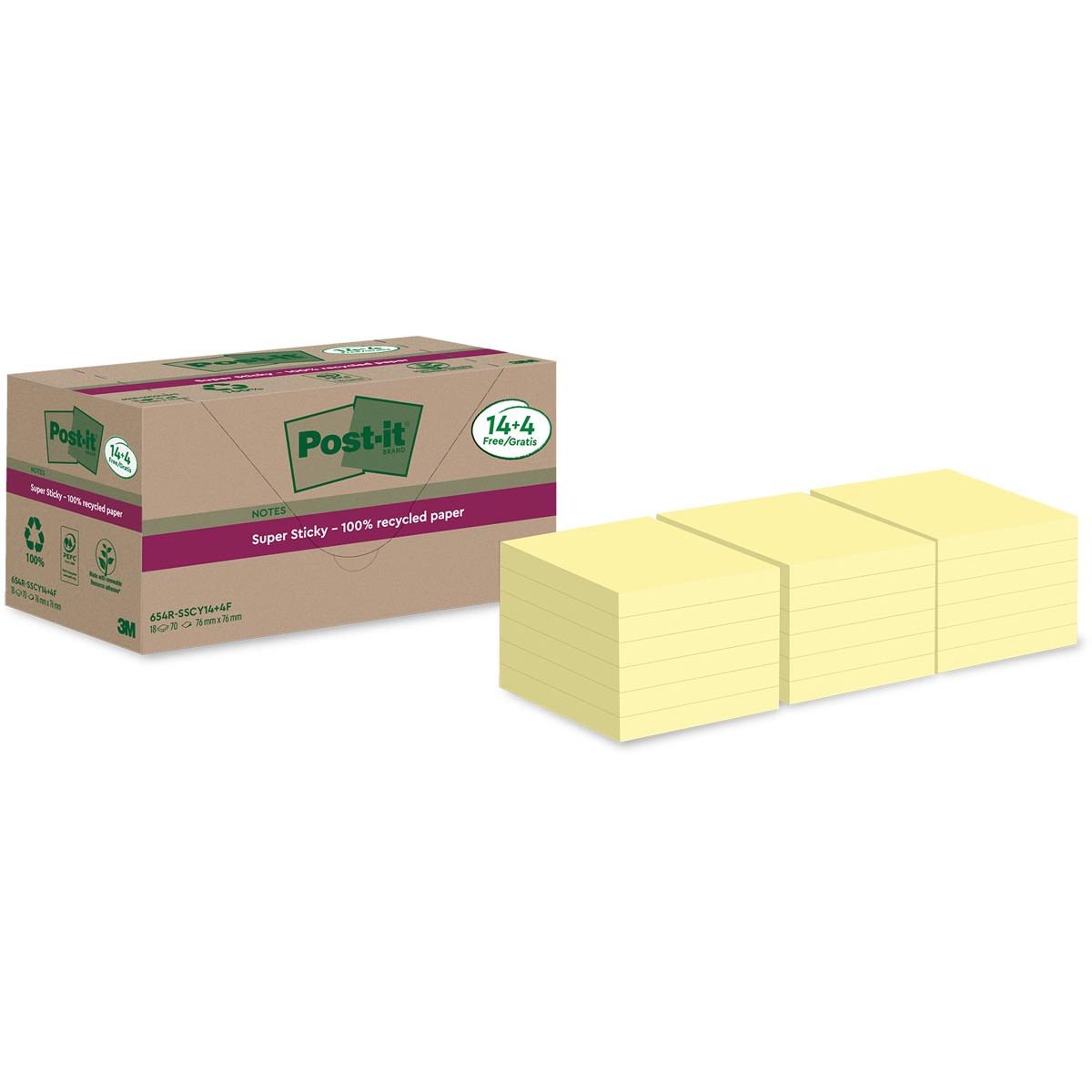 Post-it Super Sticky - Bloc-notes 654 RSS12CY 76x76mm jaune 14+4 offert