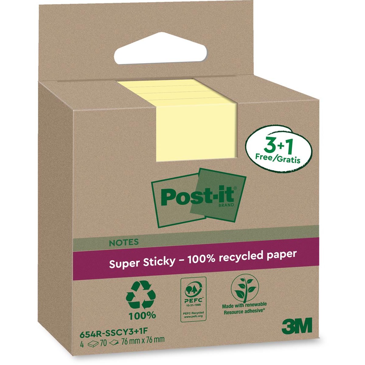Post-it Super Sticky - Super Sticky Notes Recycled, 70 vel, ft 76 x 76 mm, geel, 3 + 1 GRATIS
