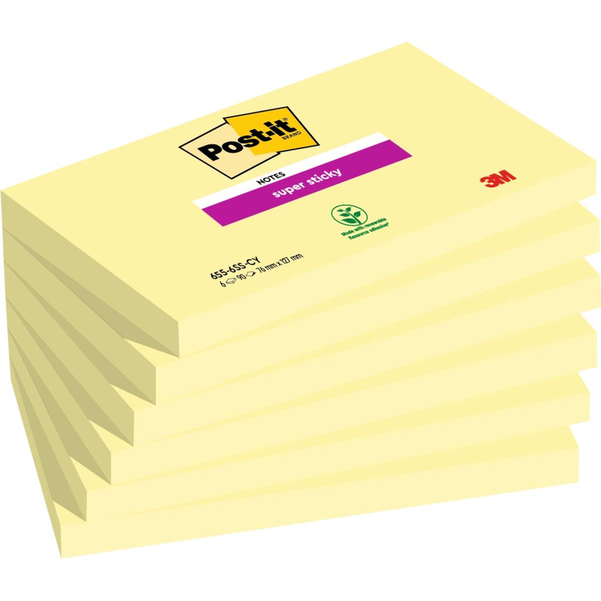 Post-it - Super Sticky notes, 90 vel, ft 76 x 127 mm, pak van 6 blokken, kanariegeel