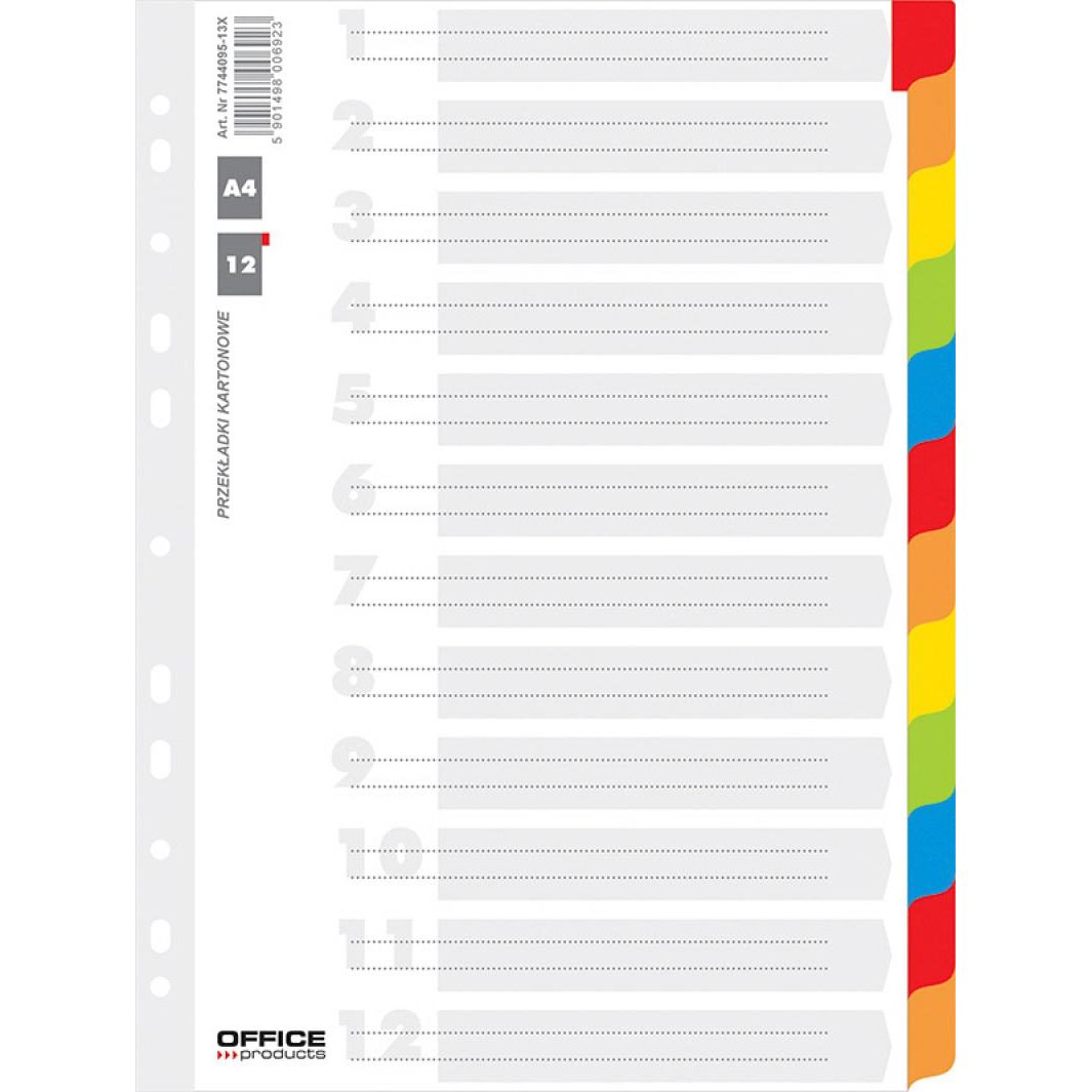 OFFICE products - tabbladen, A4, karton, 11-gaatsperforatie, geassorteerde kleuren, 12 tabs