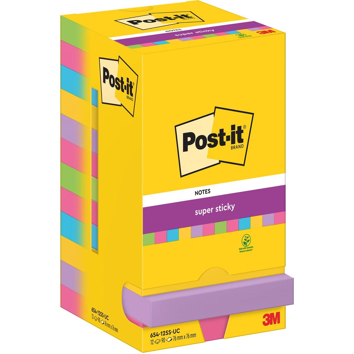 Post-it Super Sticky - Notes, 90 vel, ft 76 x 76 mm, assorti, pak van 12 blokken