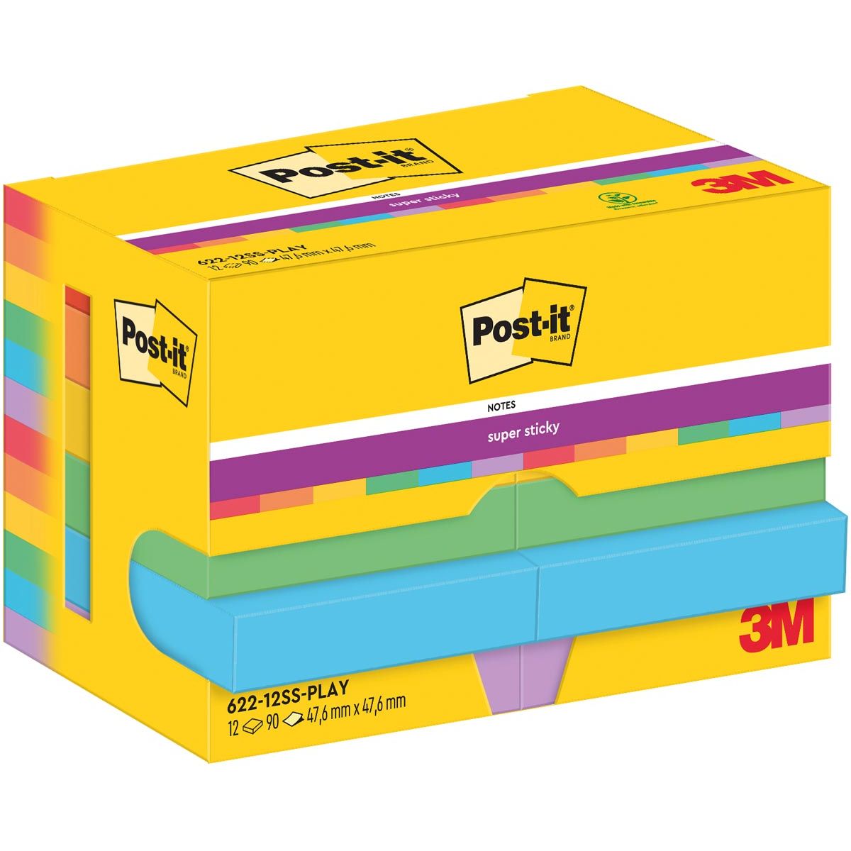 Post-it Super Sticky - Notes Playful, 90 vel, ft 47,6 x 47,6 mm, pak van 12 blokken