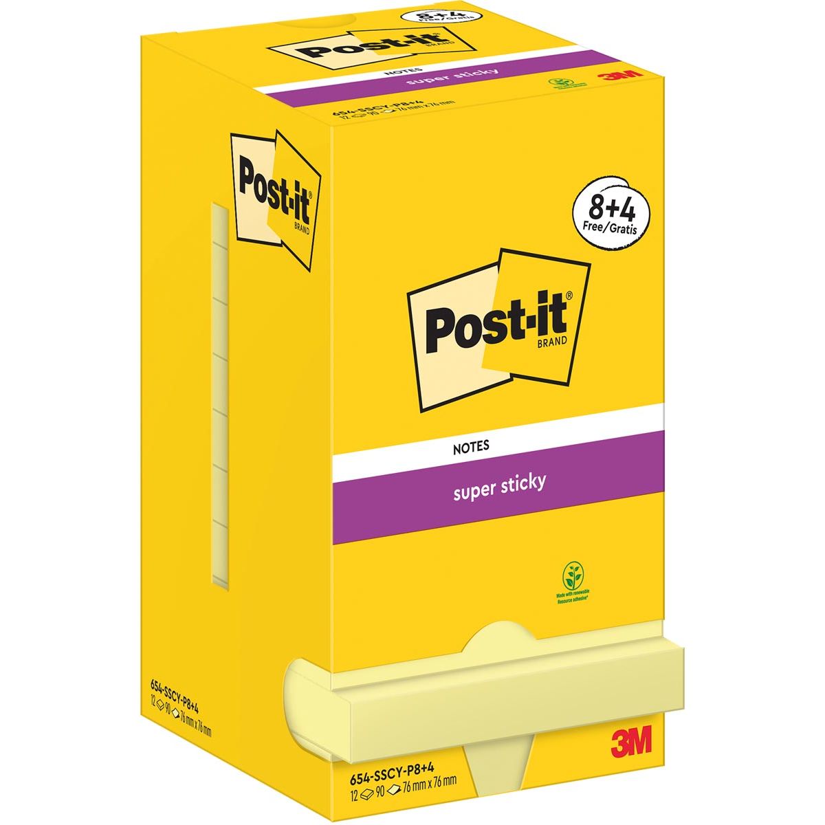 Post-it - Super Sticky Notes, 90 feuilles, pi 76 x 76 mm, jaune, 8 + 4 GRATUITS