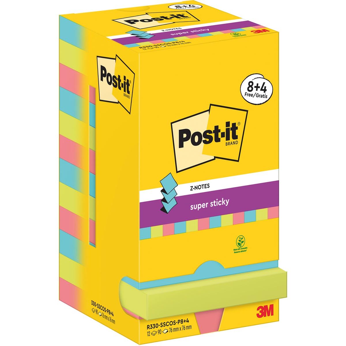Post-it Super Sticky - Z-Notes Cosmic, 90 feuilles, pi 76 x 76 mm, 8 + 4 GRATUITS