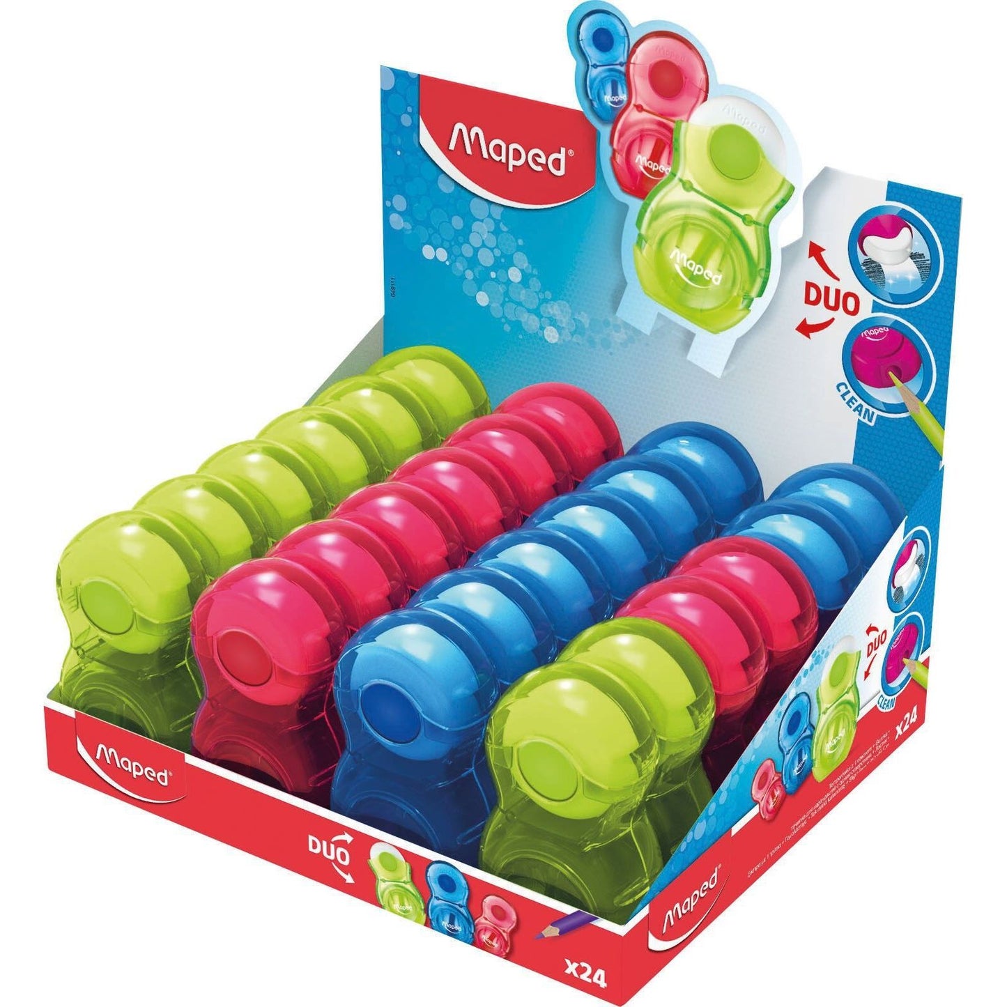 Maped - Taille-crayon Loopy 1 trou avec gomme présentoir de 24 pièces assorties
