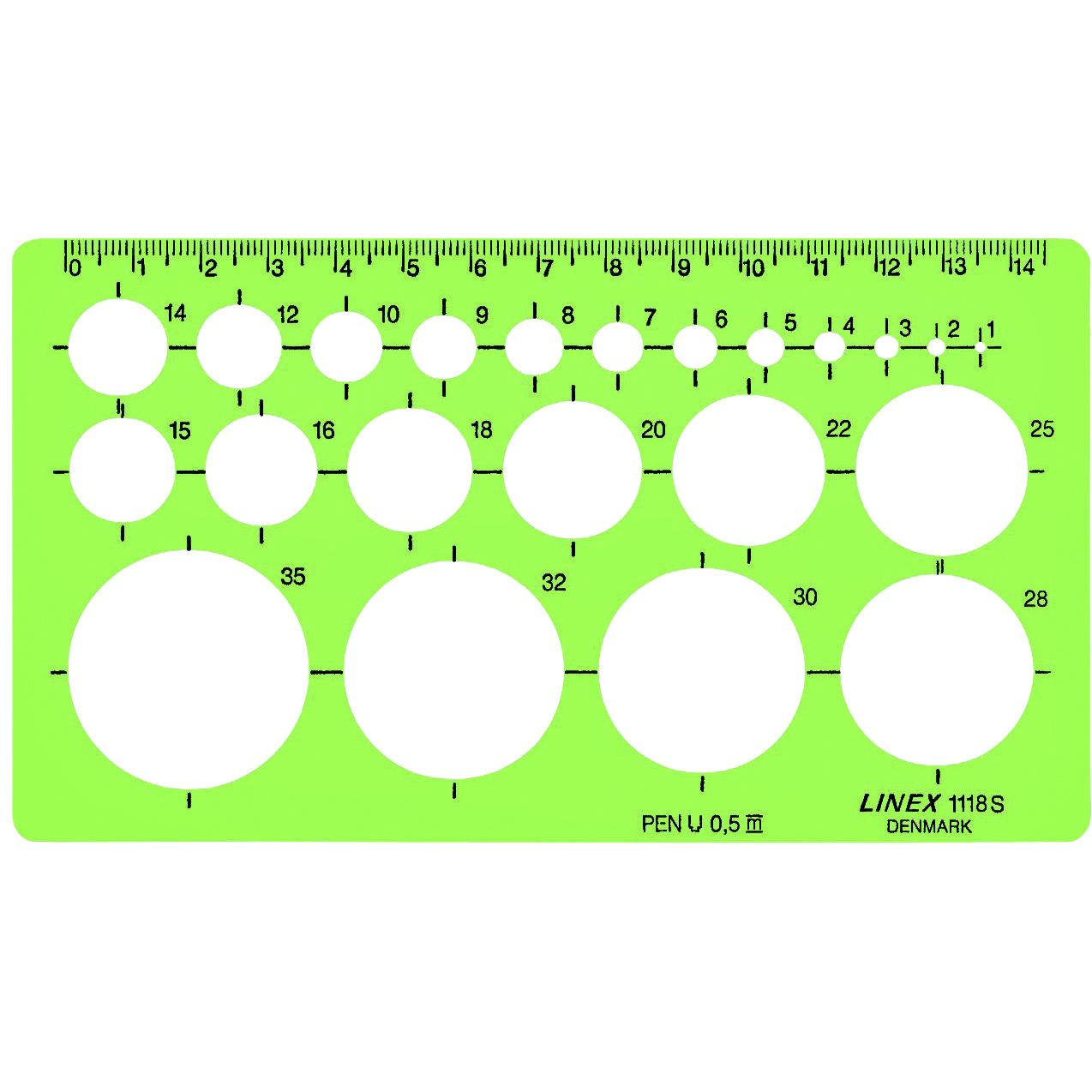 Linex - Gabarit de cercle 22 cercles avec pieds encreurs 1-35mm vert