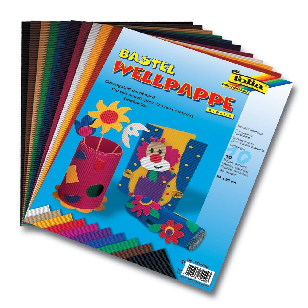 Folia - carton ondulé pi 50 x 70 cm, paquet de 10 feuilles, couleurs assorties