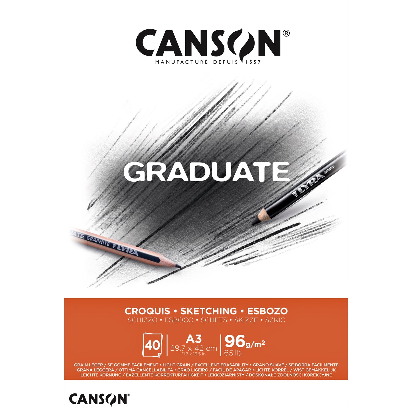 Canson - Skizzenpapier Graduate Sketch 40 Blatt 96gr A3 naturweiß | 5 Stück