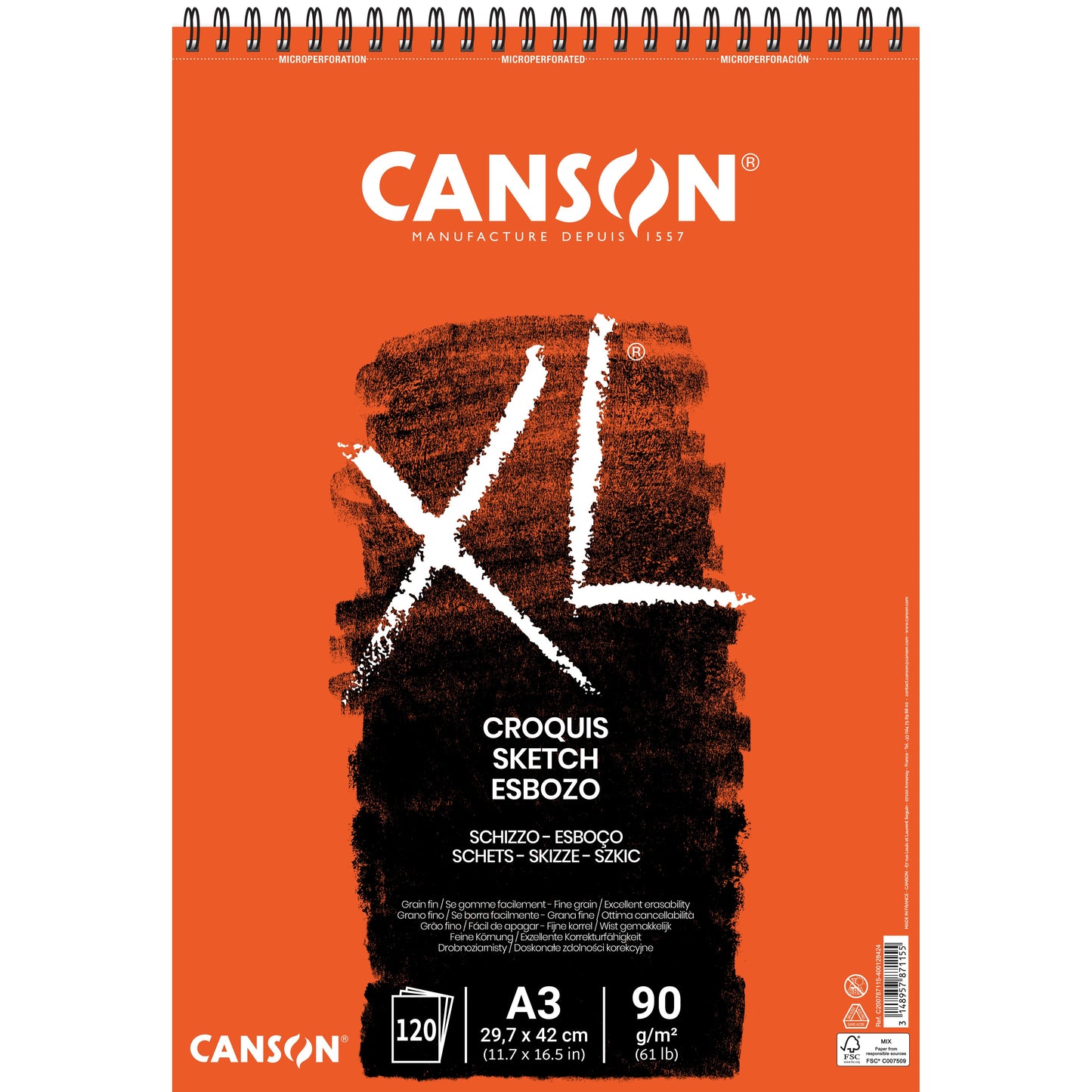 Canson - Skizzenpapier XL Sketch 120 Blatt 90gr A3 elfenbeinweiß | 5 Stück
