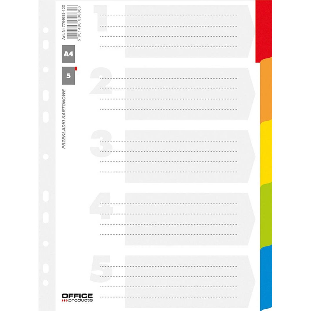 OFFICE products - tabbladen, A4, karton, 11-gaatsperforatie, geassorteerde kleuren, 5 tabs