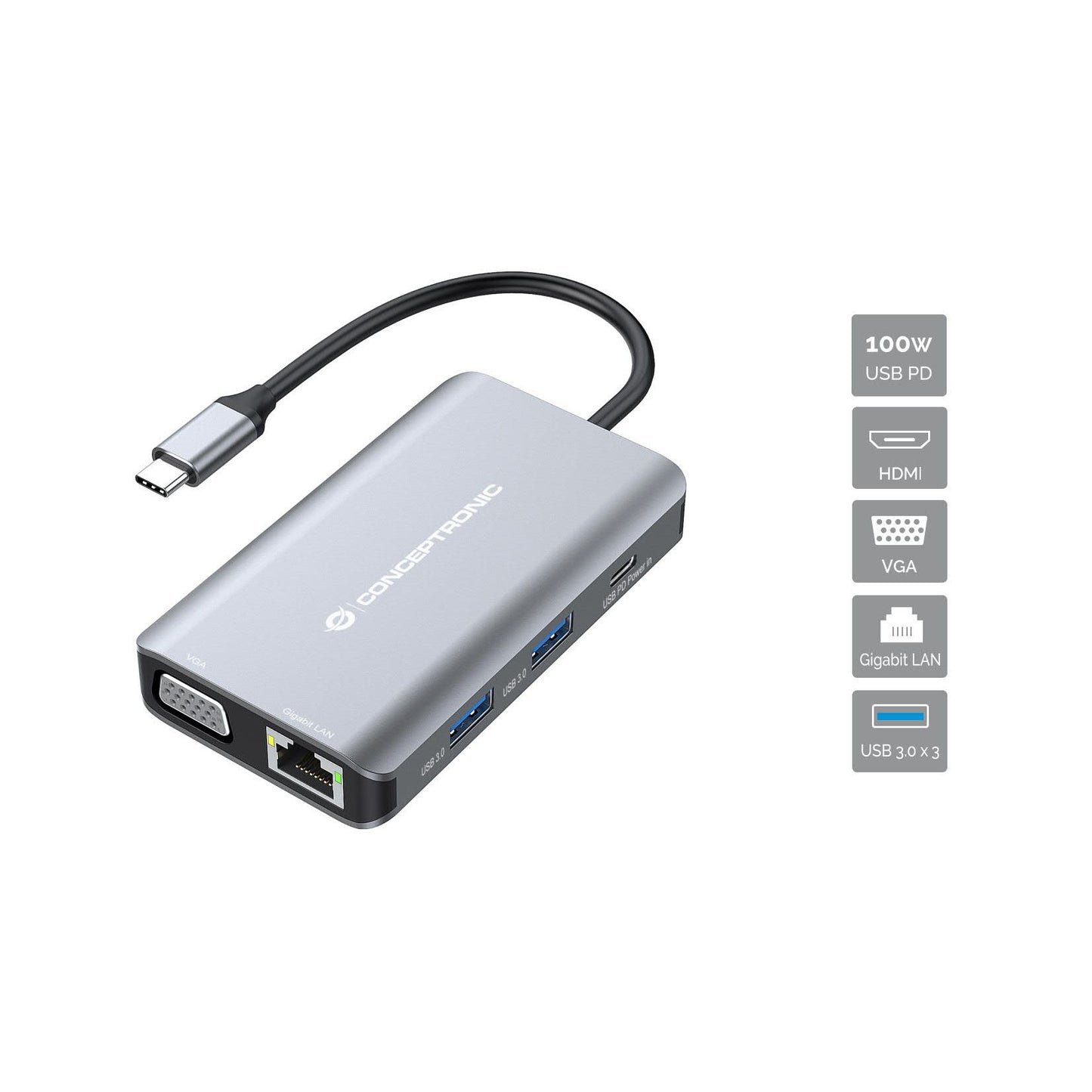 CONCEPTRONIC - DONN21G laptop dock poortreplicator Bedraad USB 3.2 Gen 1 (3.1 Gen 1) Type-C Grijs