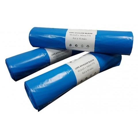 Zonder merk - Afvalzak, ft 65/25 x 140 cm, blauw, LDPE, 10 x rol van 10 stuks