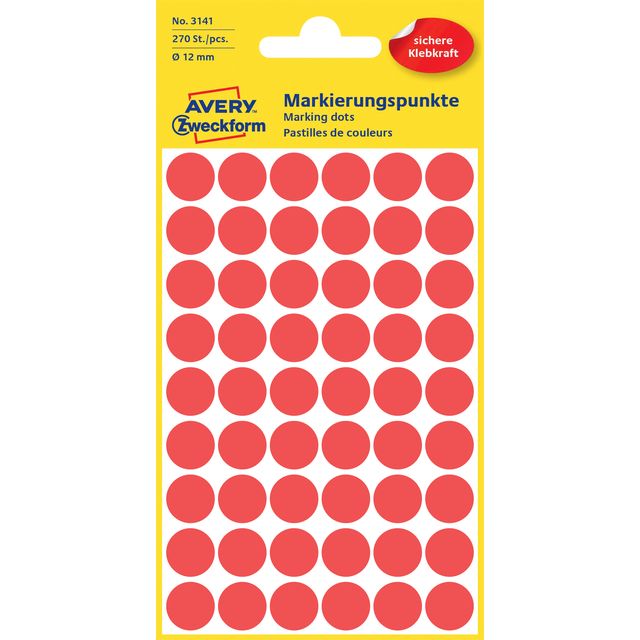 Avery Zweckform - Etiket avery 3141 rond 12mm rood 270st