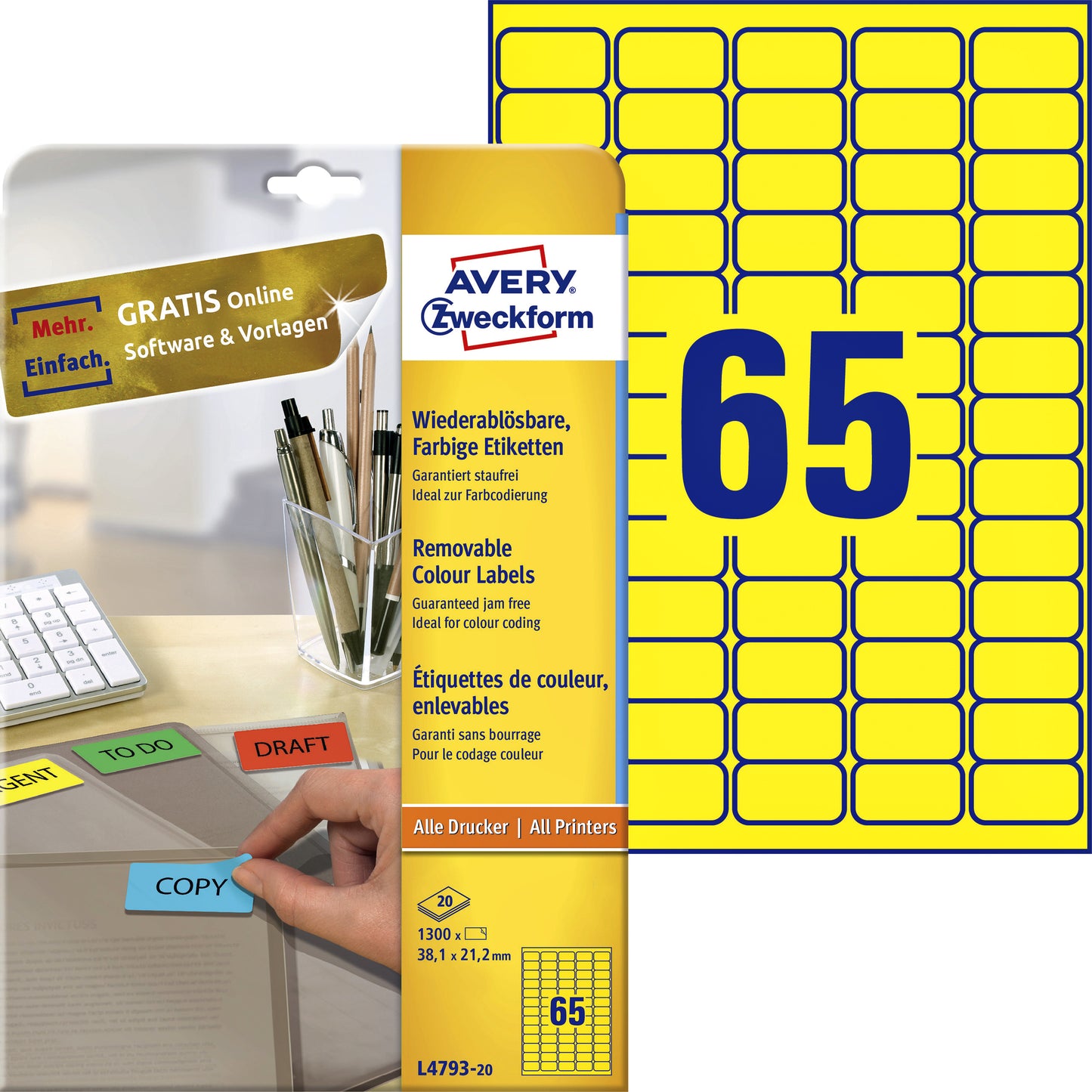 Avery Zweckform - Étiquette Zweckform L4793-20 38,1x21,2mm jaune 1300 étiquettes