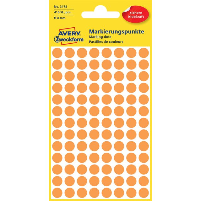 Avery Zweckform - Etiket avery 3178 rond 8mm oranje 416st