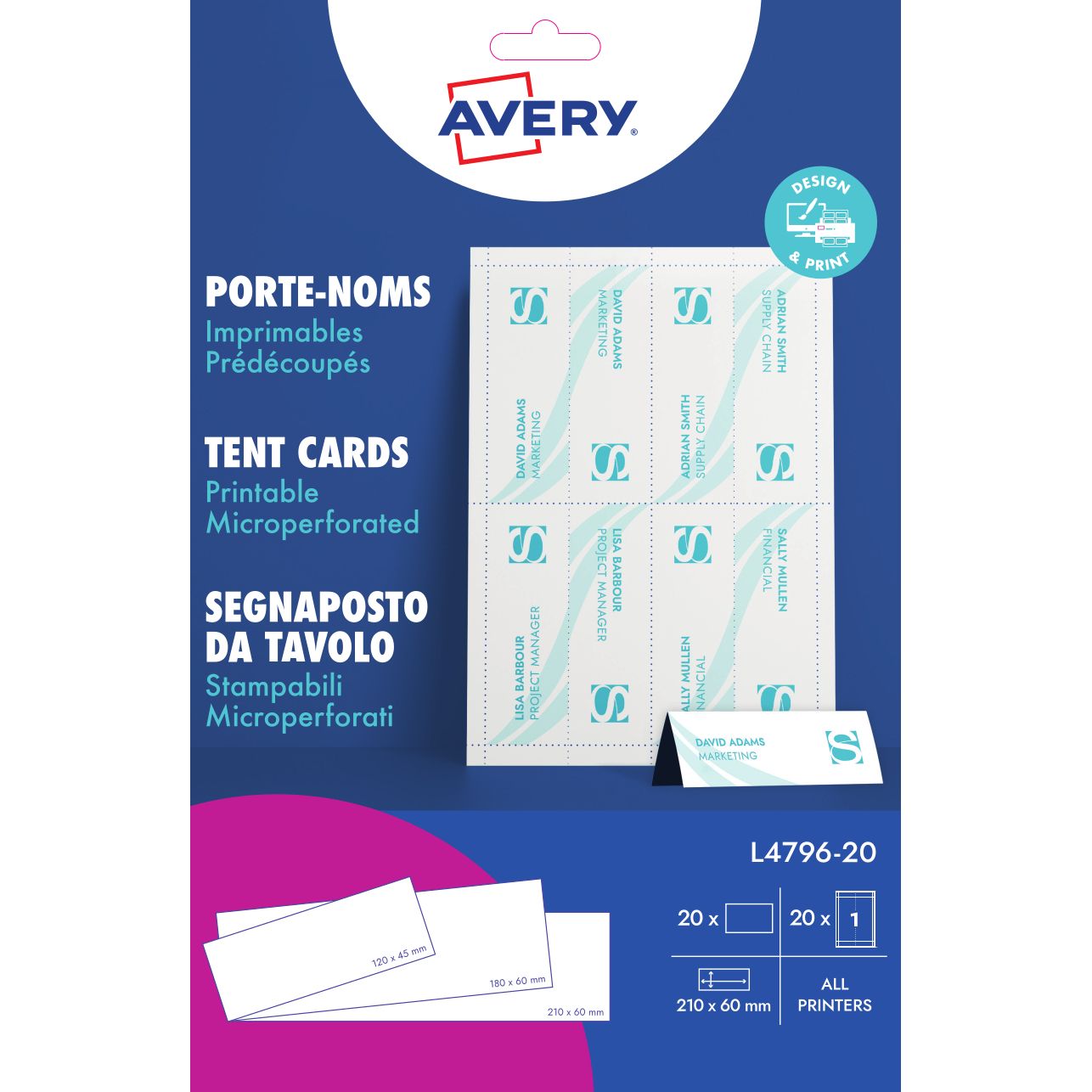 Avery - Plaque signalétique de table L4796-20 210x60mm blanc 20 pièces