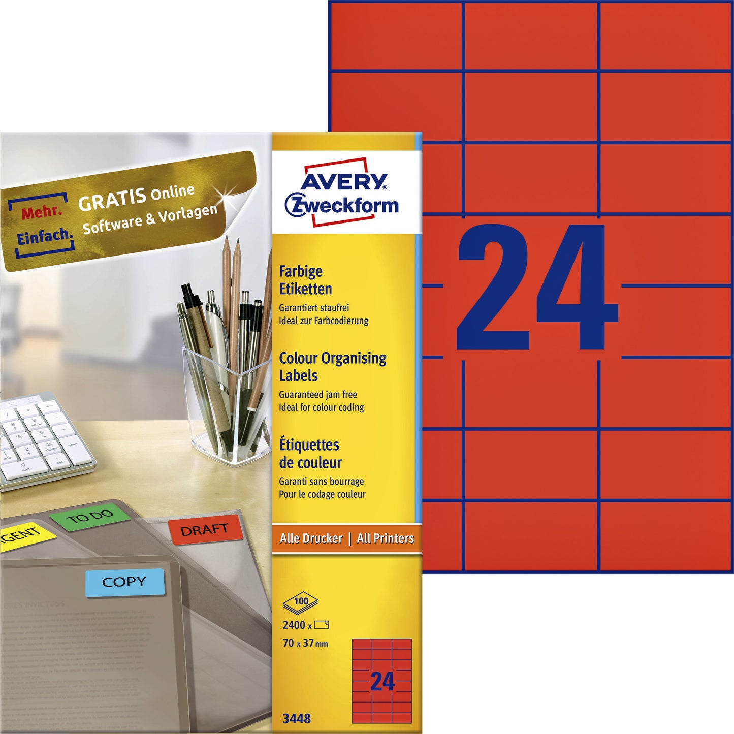 Avery Zweckform - Etiket avery 3448 70x37mm rood 2400st | 5 stuks