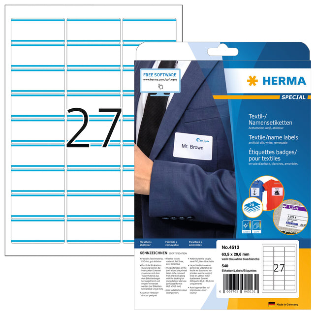 HERMA - Etiquette porte-nom 4513 63,5x29,6mm blanc/bleu