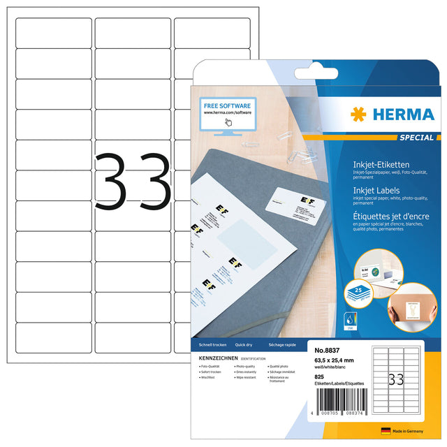 HERMA - Etiquette 8837 63,5x25,4mm blanc mat 825 pièces