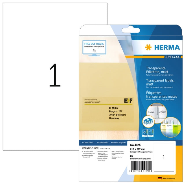 HERMA - Etiquette 4375 210x297mm A4 transparent 25 pièces