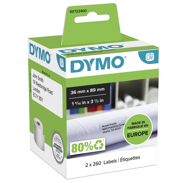 Dymo - Etiquette LabelWriter adressant 36x89mm 2 rouleaux de 260 pièces blanc