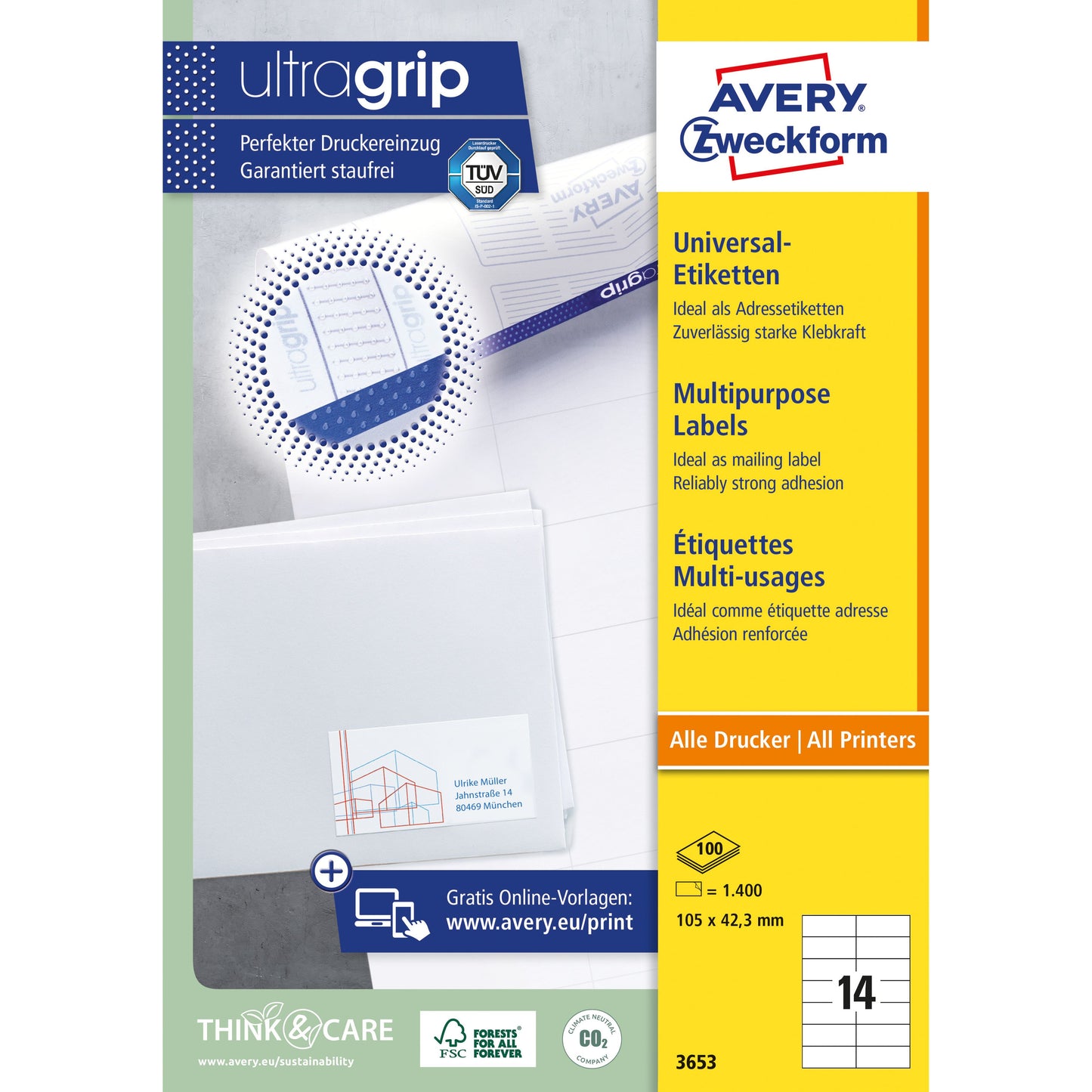Avery Zweckform - Etiket Zweckform 3653 105x42.3Mm wit 1400 stuks