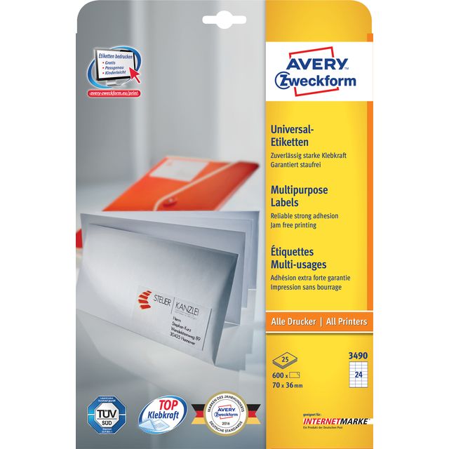 Avery Zweckform - Étiquette Zweckform 3490 70x36mm blanc 600 pièces