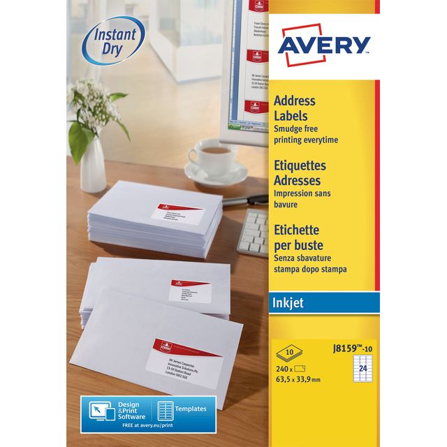 Avery - J8159-10 étiquettes d'adresse pi 63,5 x 33,9 mm (l x h), 240 étiquettes, blanches