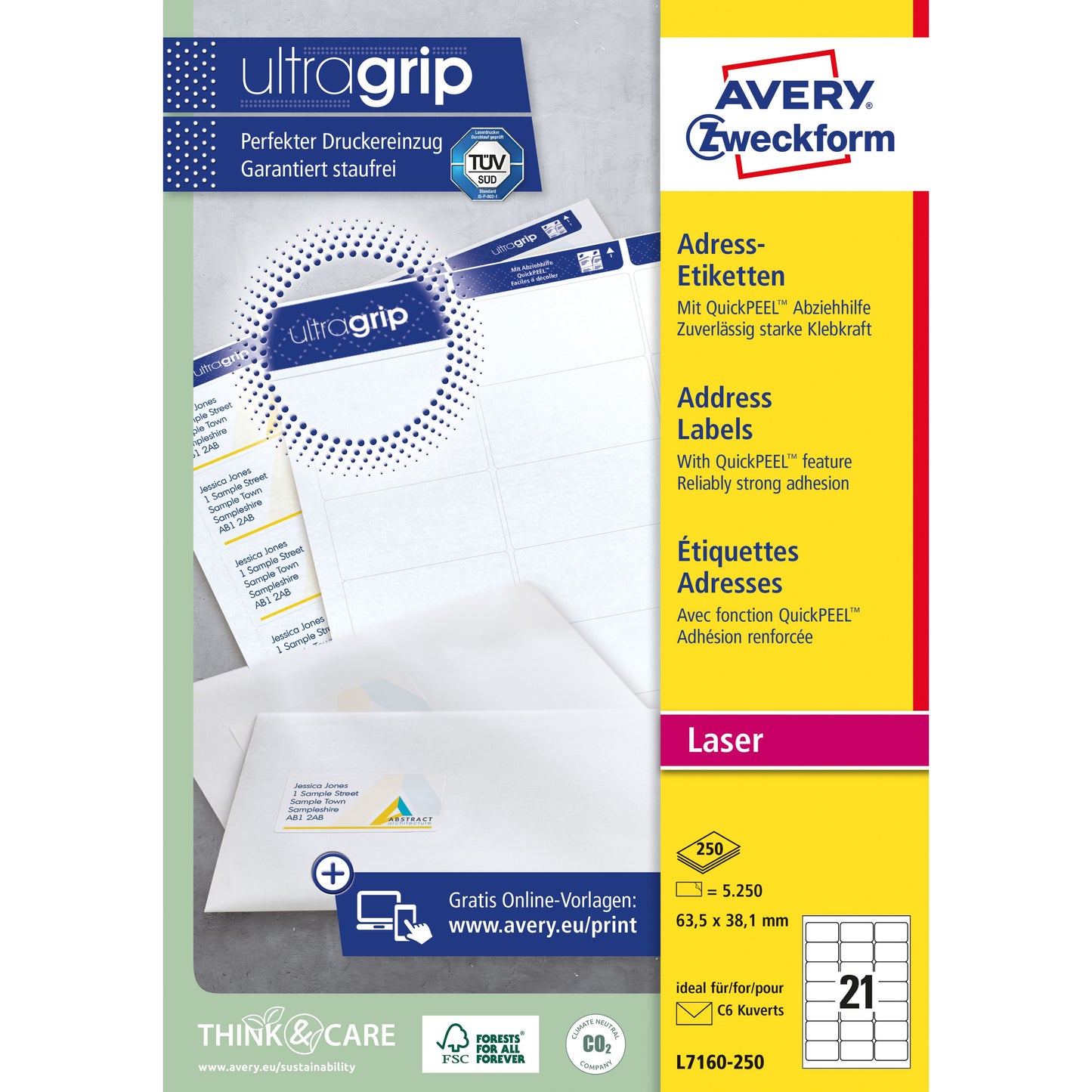 Avery – Etikett L7160–250, 63,5 x 38,1 mm, weiß, 5250 Etiketten