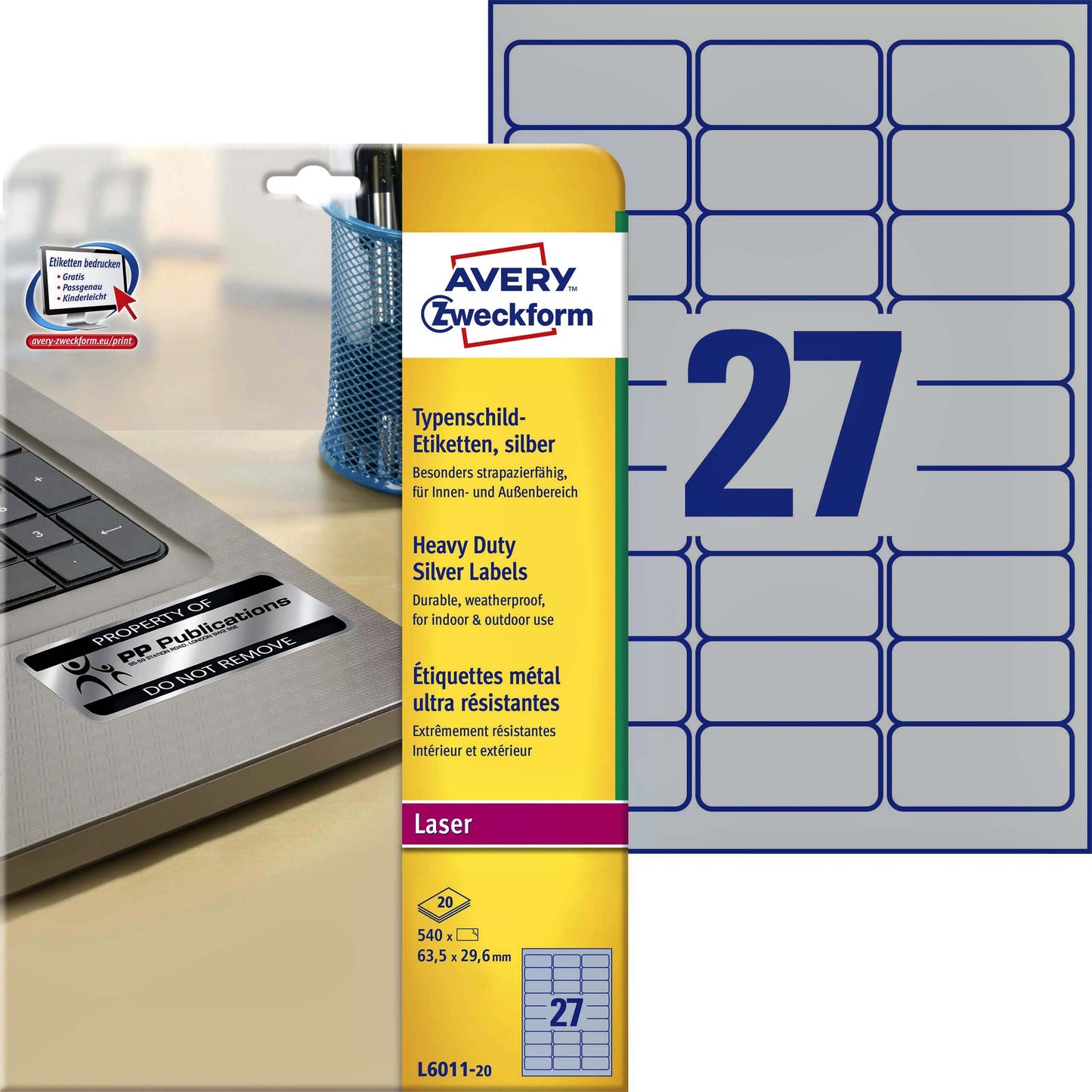 Avery - Etiket l6011-20 63.5x29.6mm zilver 540st