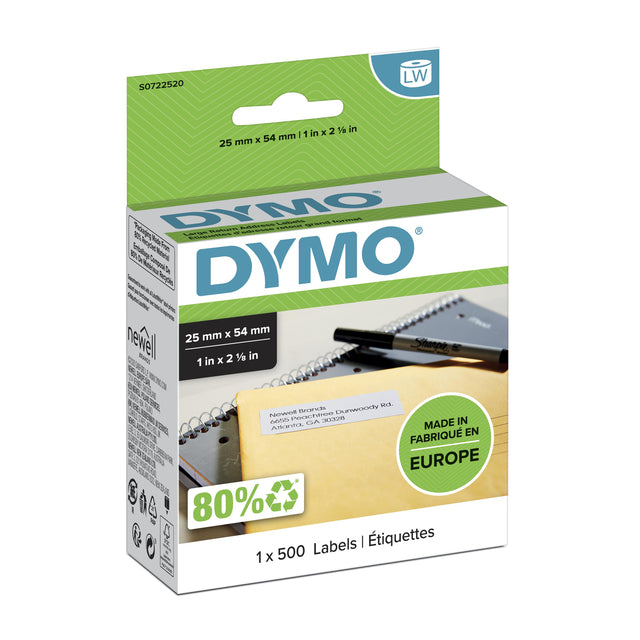 Dymo - Etiket LabelWriter adressering 25x54mm 1 rol á 500 stuks wit