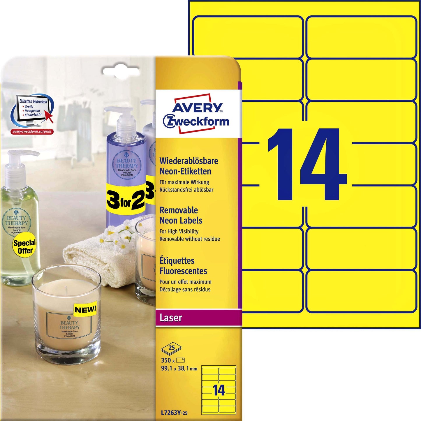 Avery - Etiket l7263y-100 99.1x38.1mm geel 1400st