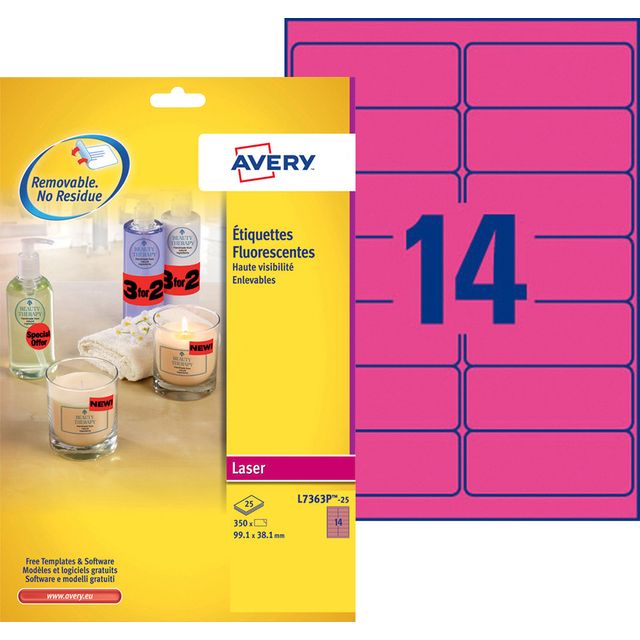 Avery - Étiquette L7363P-25 99,1x38,1mm rose fluo 340 étiquettes