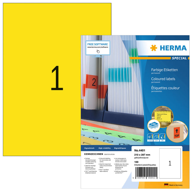 HERMA - Etiquette 4401 210x297mm A4 jaune 100 pièces