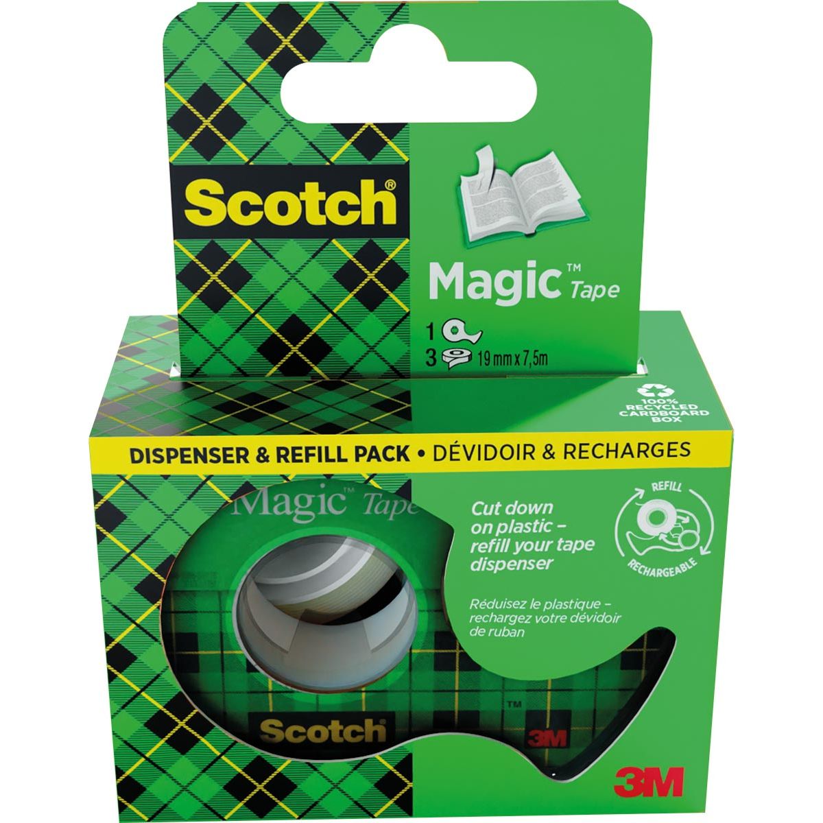 Scotch - Magic e plakband ft 19 mm x 7,5 m, dispenser + 3 rolletjes, ophangbaar doosje