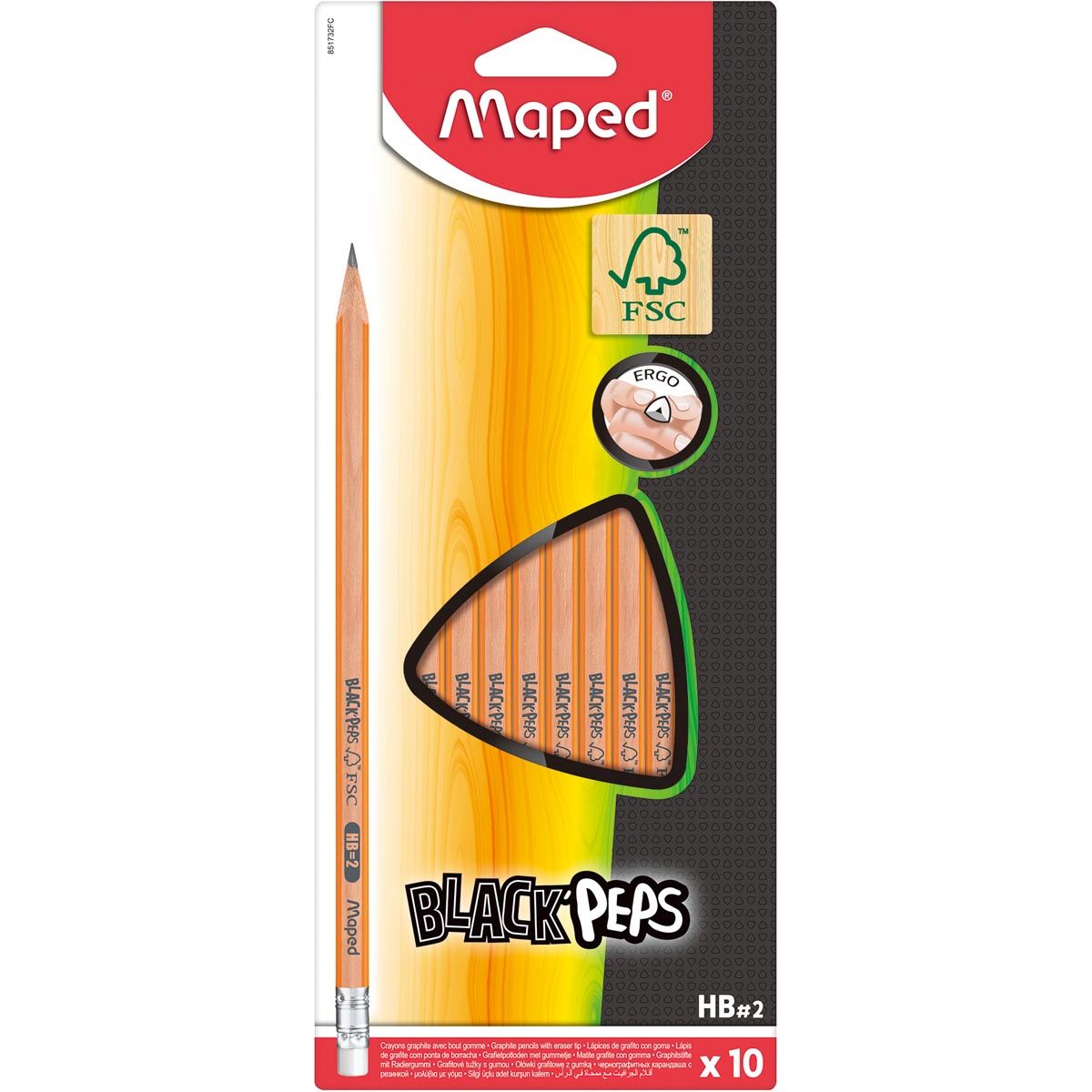 Maped - Black'Peps Bleistift HB, mit Radiergummi, Hängeetui aus Pappe mit 10 Stück