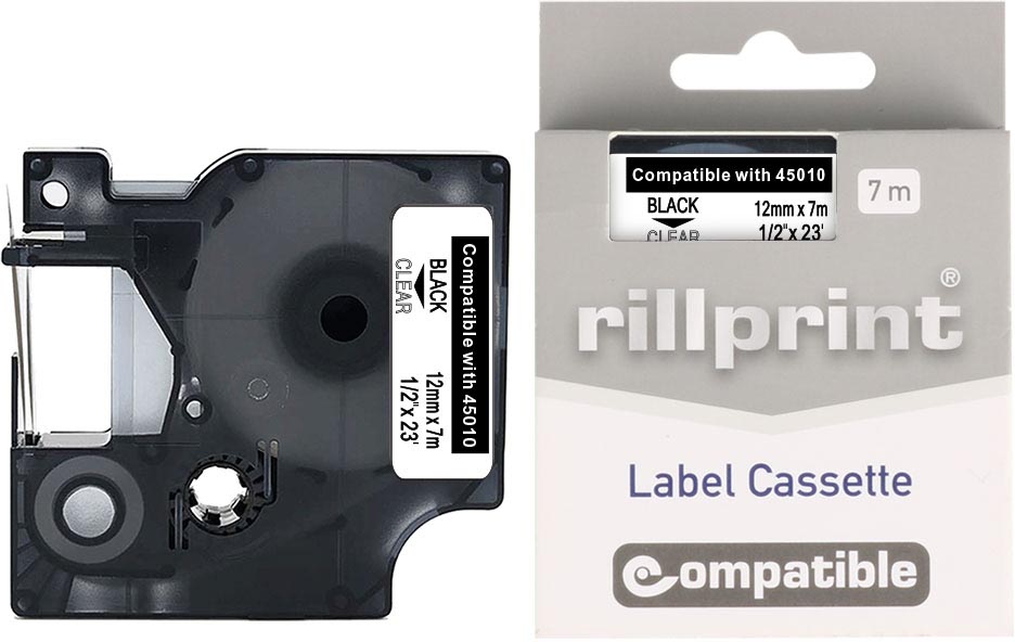 Rillprint - compatible D1 e pour 45010, 12 mm, noir sur transparent