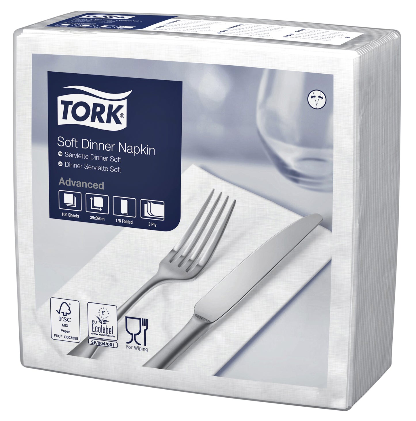 Tork – Dinner-Serviette Advanced 1/8 Falz 3-lagig 395 x 390 mm 100 Blatt weiß 477579
